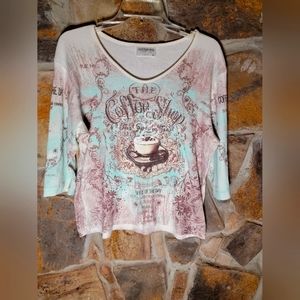 Catus bay coffee shop teal and brown top